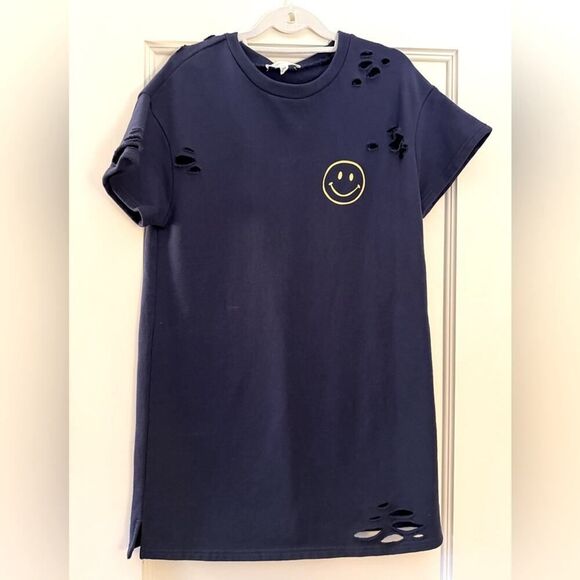 Honey Punch Navy distressed crew nwck sweatshirt dress w Smiley Face S - Picture 1 of 11